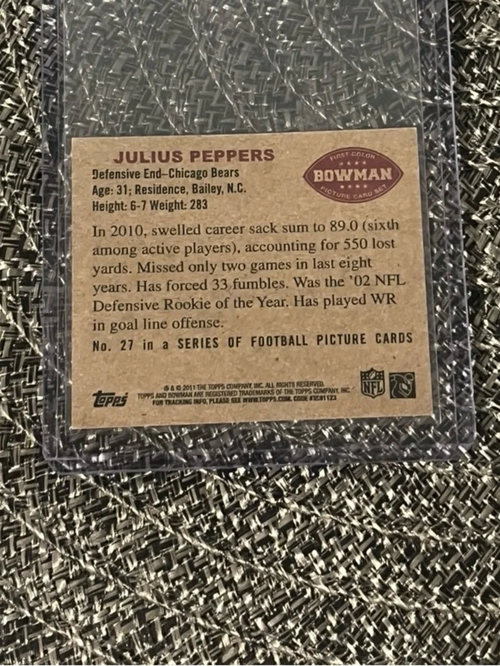 Num: 20/50 🏈 Julius Peppers 2011 Bowman Mini Football Card # 27 - Qty 1